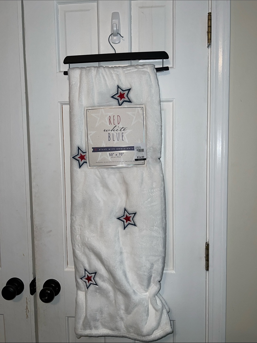 White Plush Throw with Red & Blue Star Accents